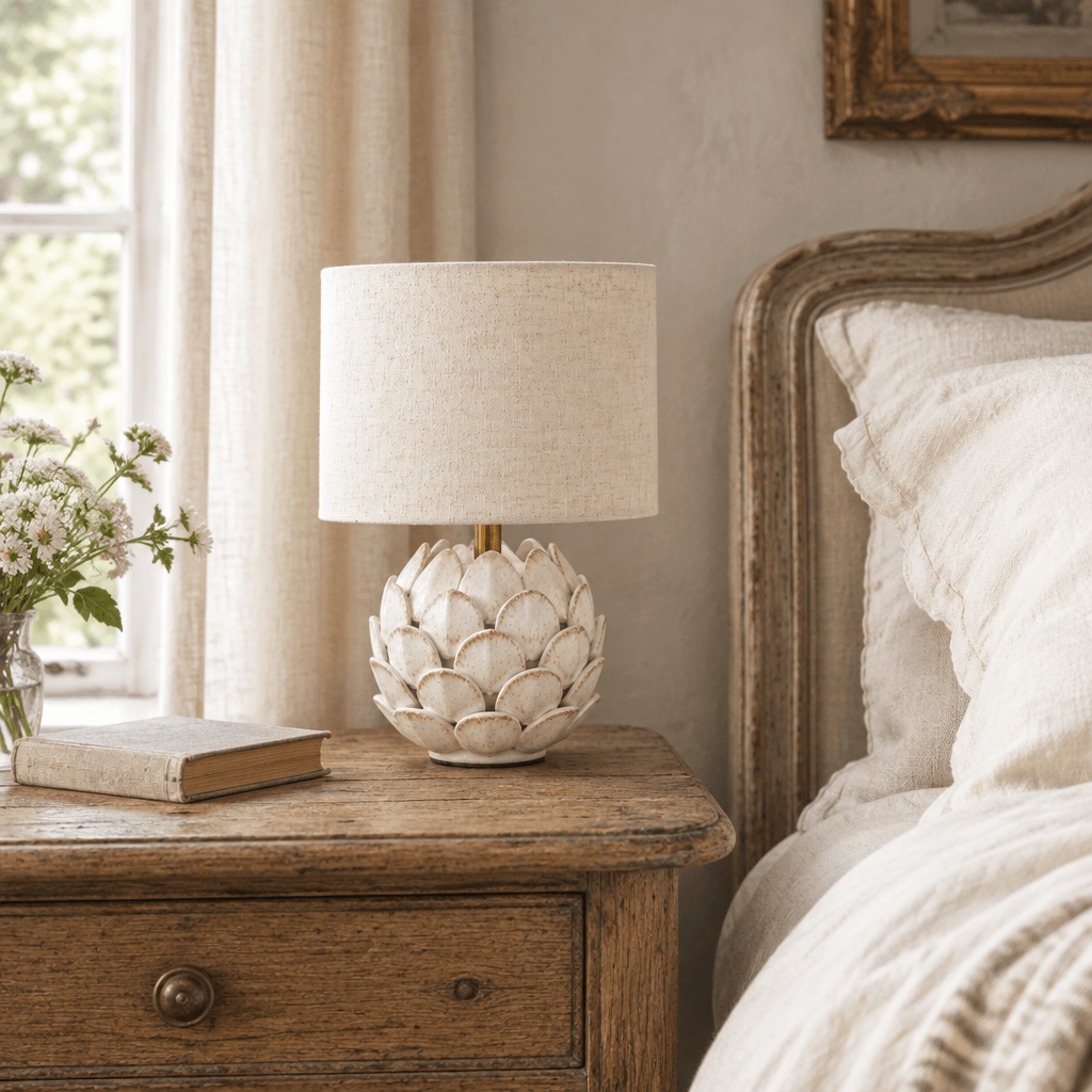 Petite white artichoke ceramic lamp with linen shade on an oak bedside table in a French country bedroom
