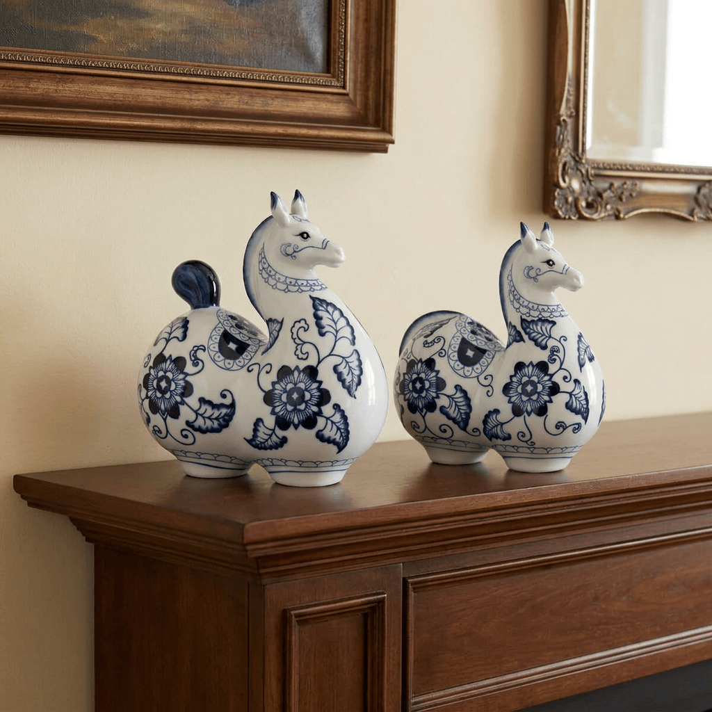 Large and small Blue Blossom Porcelain Horse Statues styled together on a traditional wooden fireplace mantel.