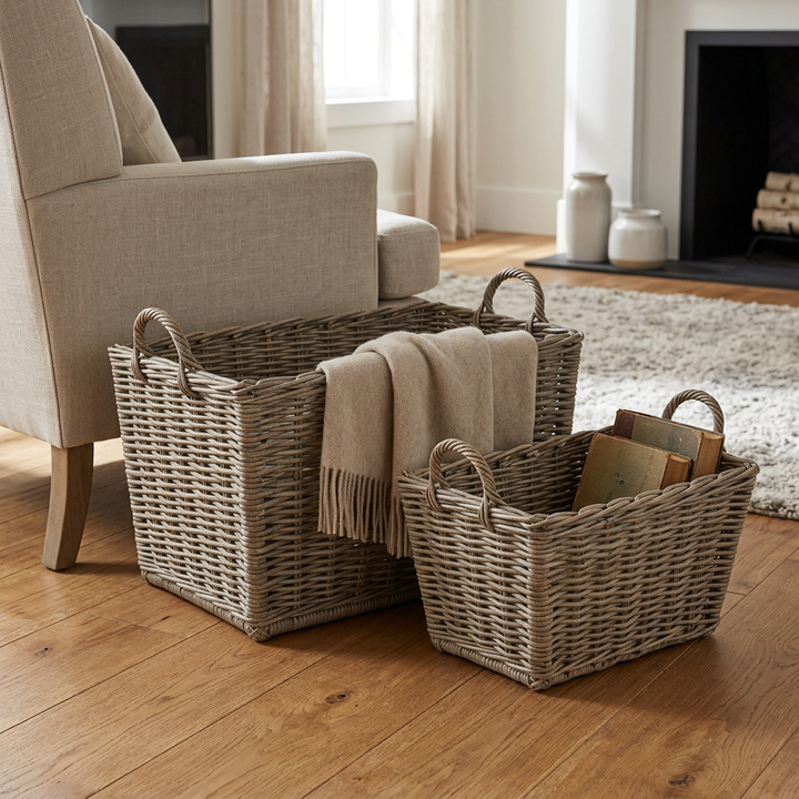 Gray rattan storage baskets beside a linen chair, styled with a throw and books.