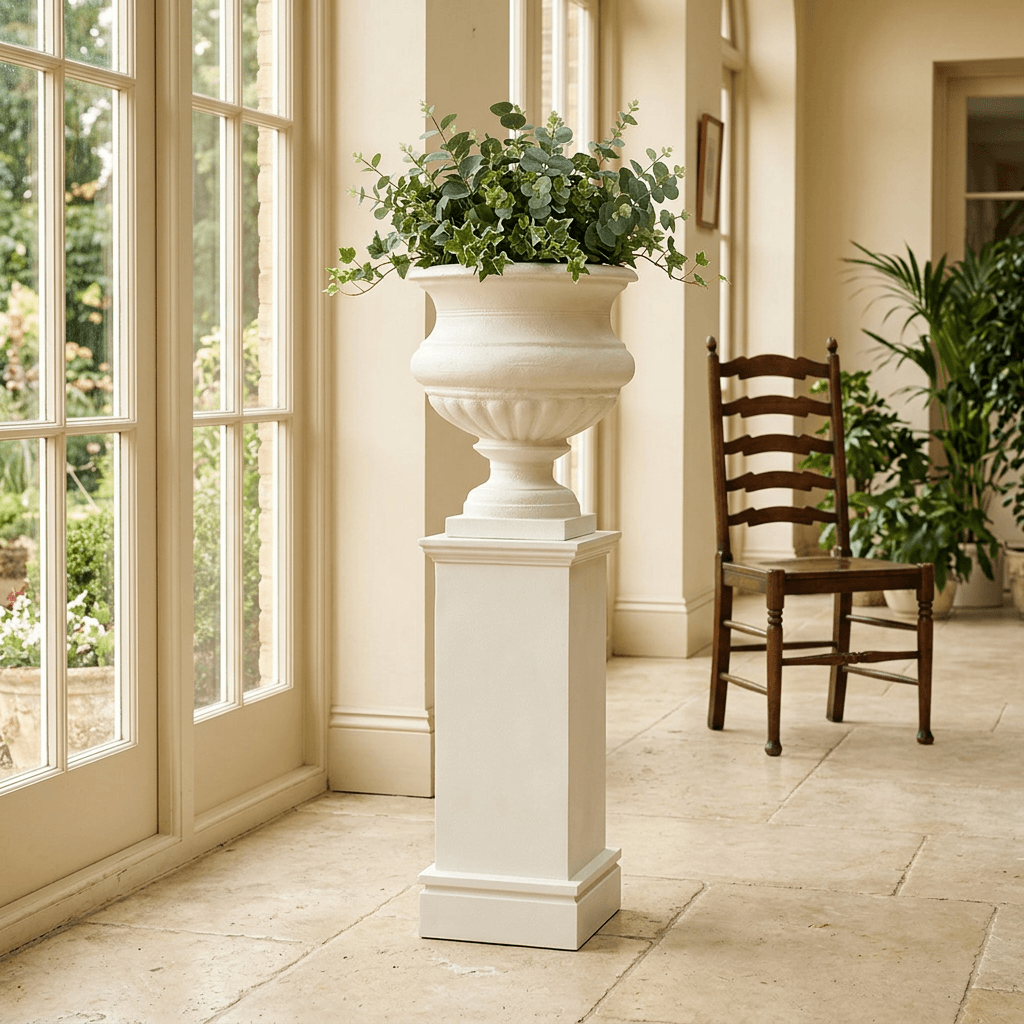 Montclair Iron Urn with Pedestal in Soft White, styled with greenery beside tall sunroom windows.