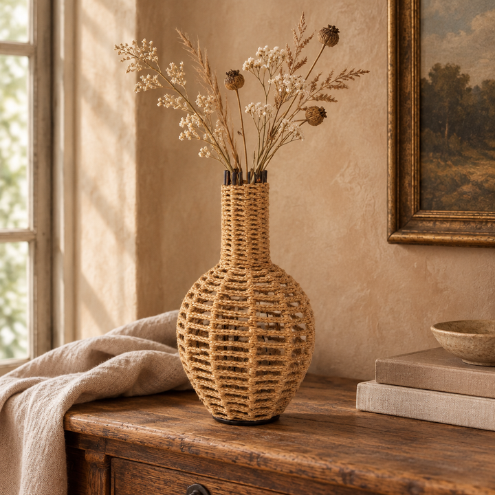 Handwoven jute vase styled with dried stems on an aged wooden console beside neutral books.