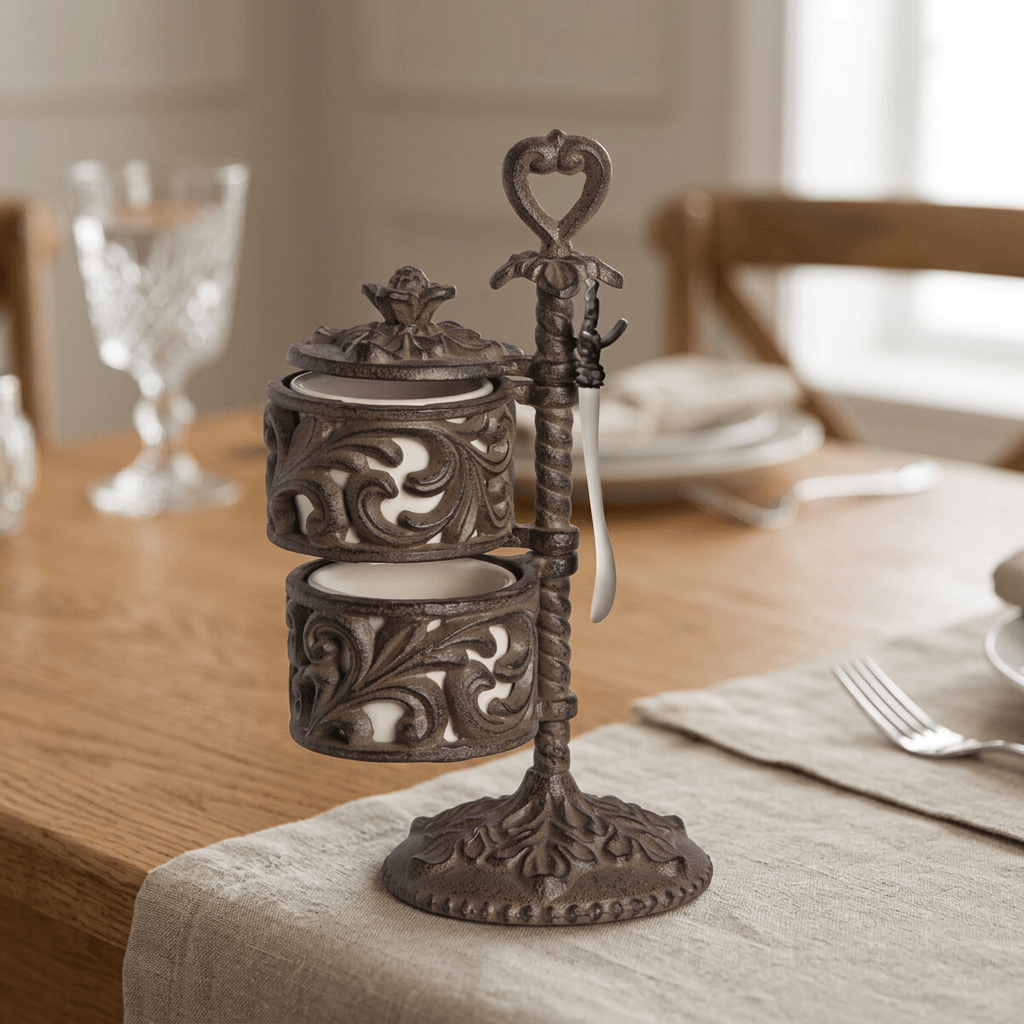 Bellavita Spice Cellar with cream ceramic spoon on an oak dining table beside natural linen.