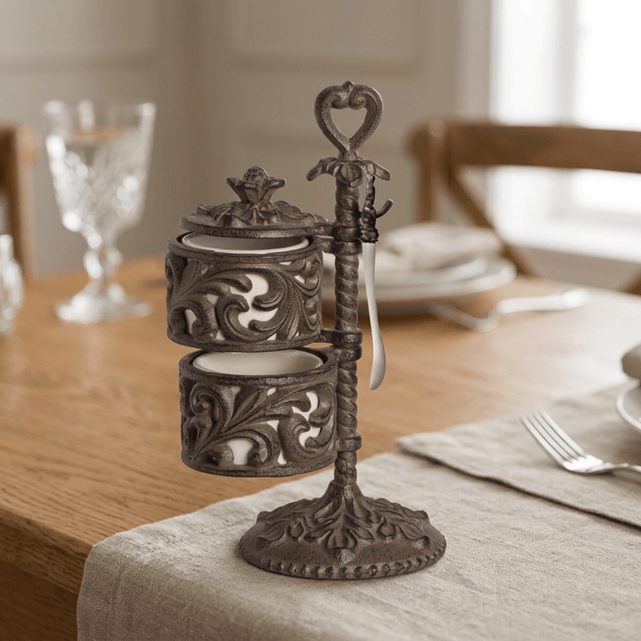 Bellavita Spice Cellar with cream ceramic spoon on an oak dining table beside natural linen.