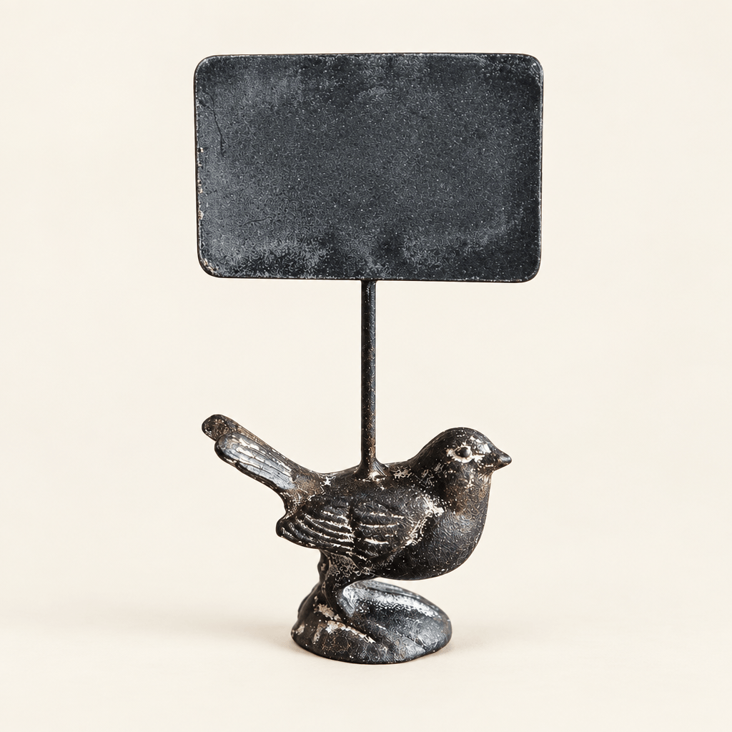 Cast iron bird supporting a blank rectangular chalkboard on an ivory studio backdrop.