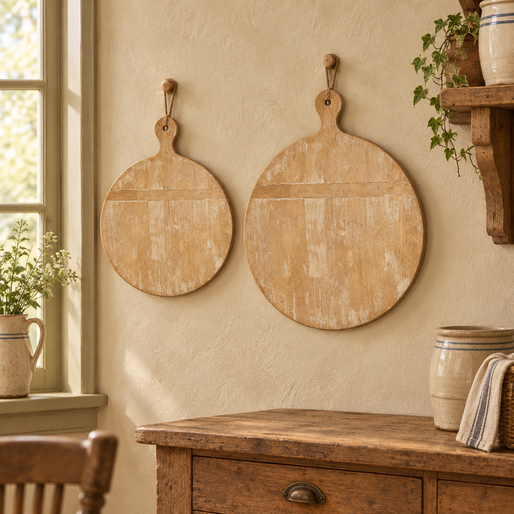 Two round cream whitewashed wooden boards hanging side by side in a country kitchen.