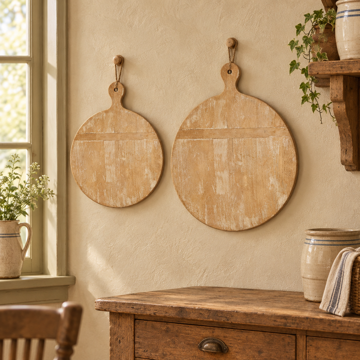 Two round cream whitewashed wooden boards hanging side by side in a country kitchen.
