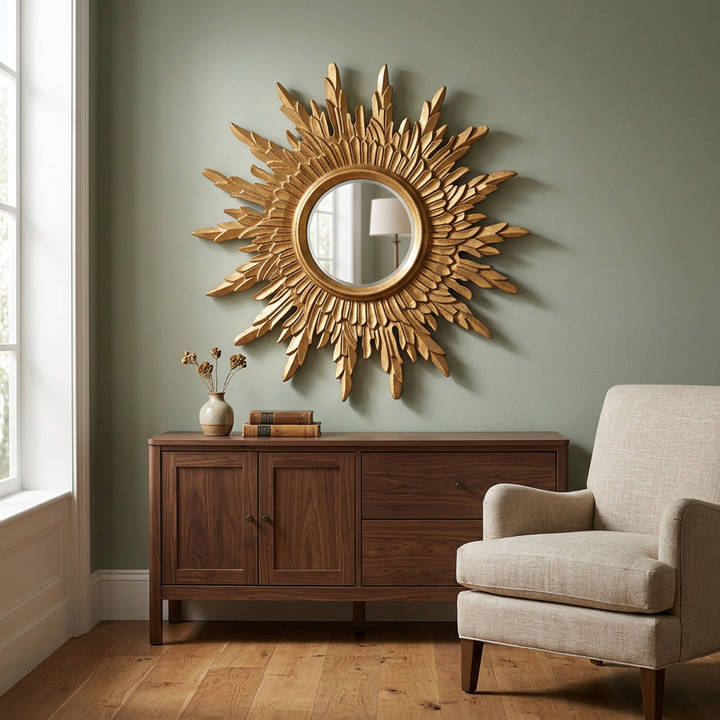 Celeste Gold Sunburst Wall Mirror above a dark wood cabinet against a sage wall beside a linen chair.