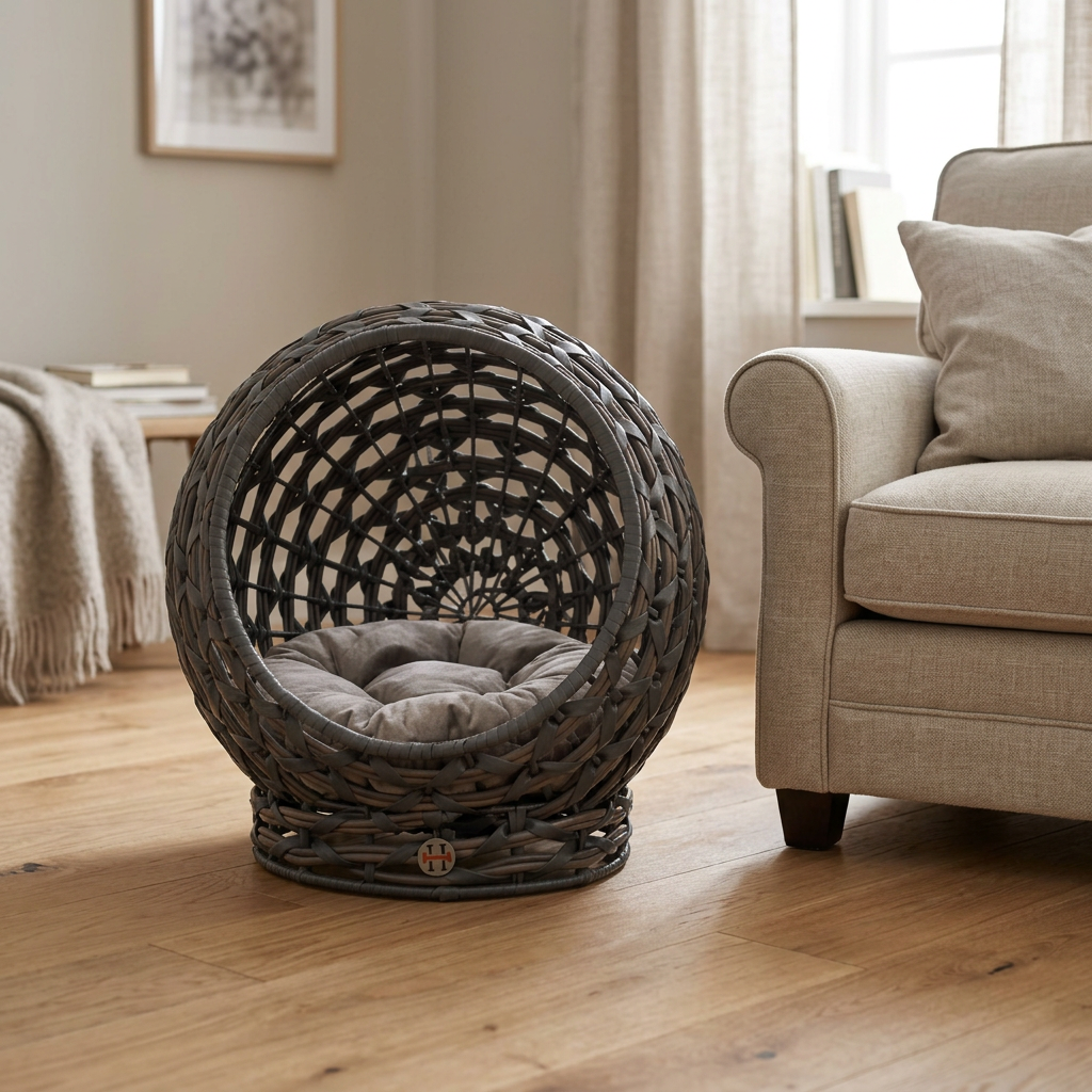 Woven rattan pod pet bed with taupe cushion beside a linen chair on an oak living room floor.
