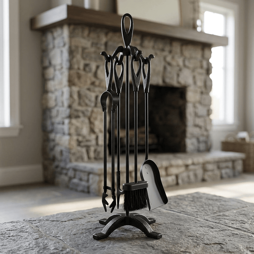 Black wrought iron fireplace tool set arranged on a stone hearth beside a cottage fireplace