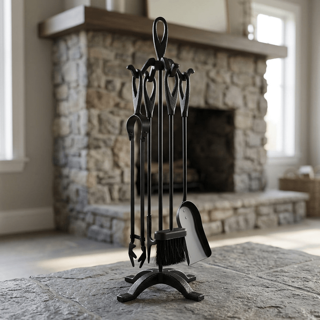 Black wrought iron fireplace tool set arranged on a stone hearth beside a cottage fireplace