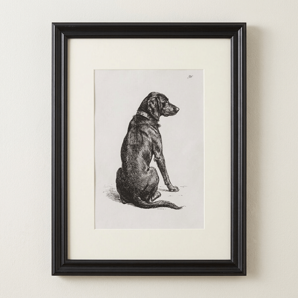 Devoted Heart Framed Dog Portrait with a black frame and cream border against a warm off-white studio wall.