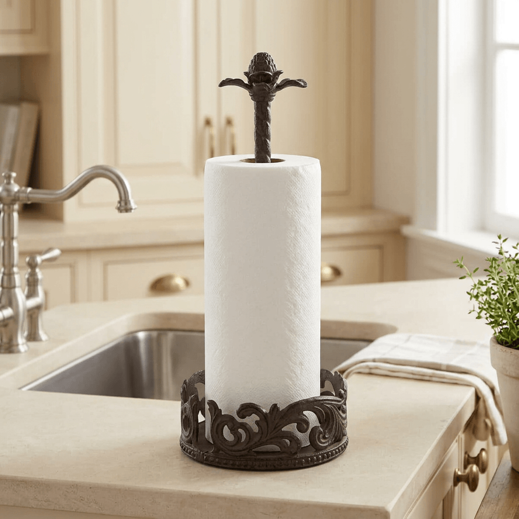 Bellavita Paper Towel Holder with a white paper towel roll on a pale kitchen countertop.
