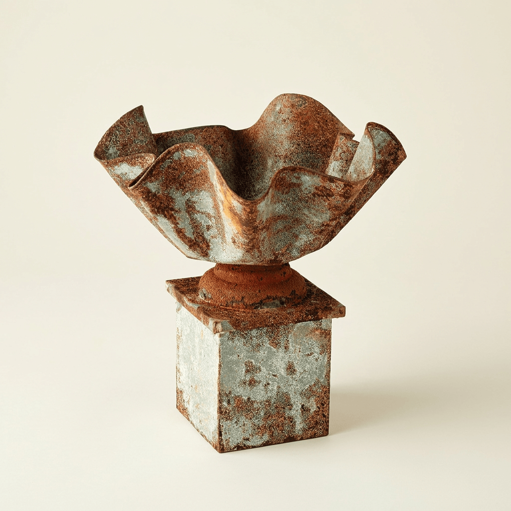 Galvanized iron pedestal planter with a folded rim and rust-brown patina on an ivory studio background.