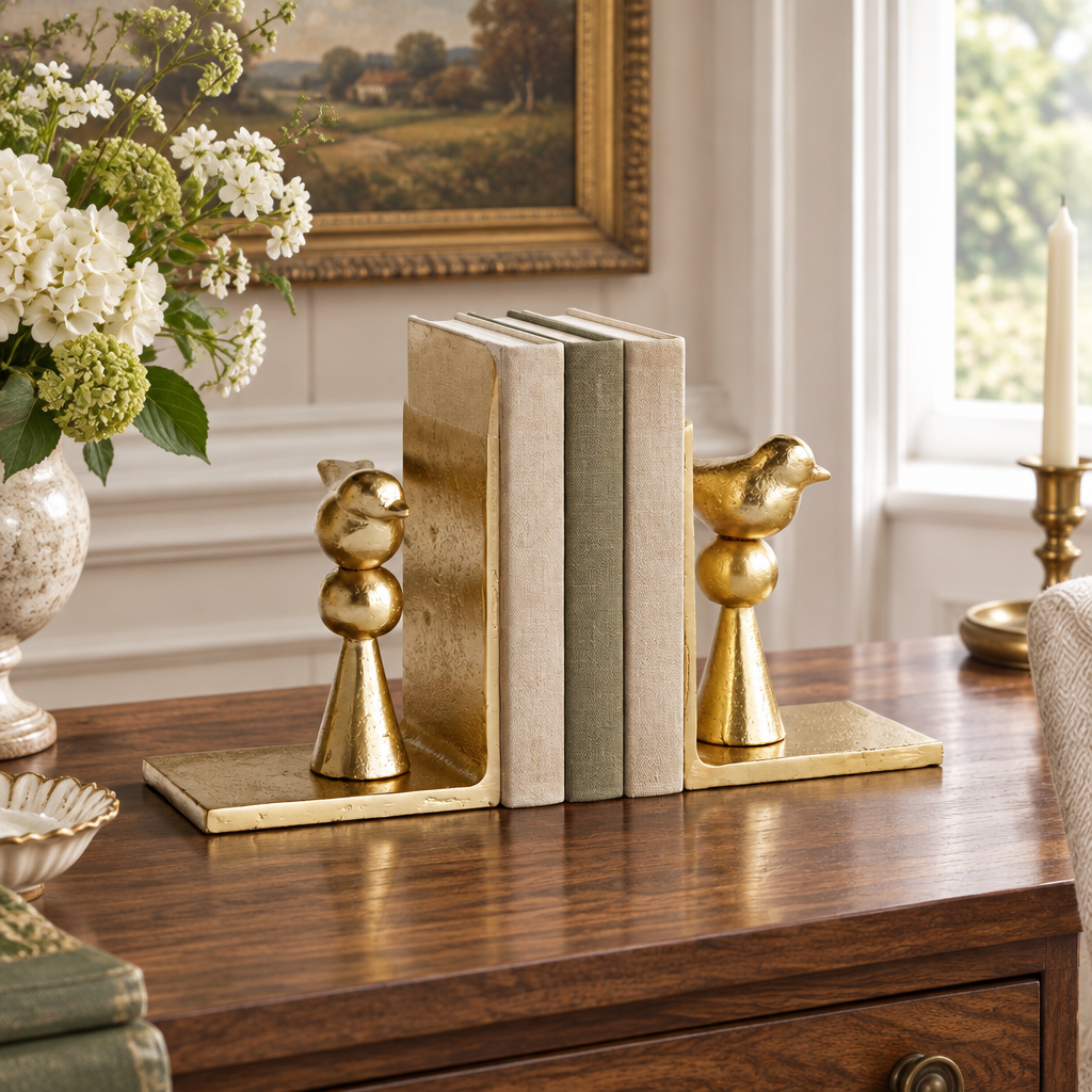 Gold songbird bookends holding linen-bound books on a walnut console.