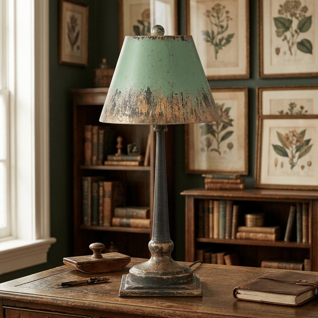 Adeline distressed green and gold table lamp on a walnut desk in a traditional study