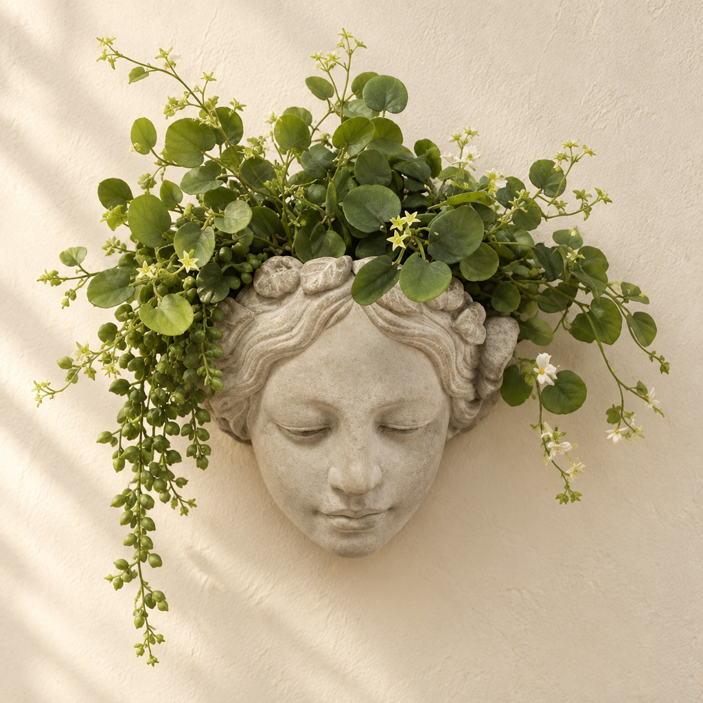 Cement Sun Goddess Wall Planter styled with trailing greenery against an ivory plaster wall.