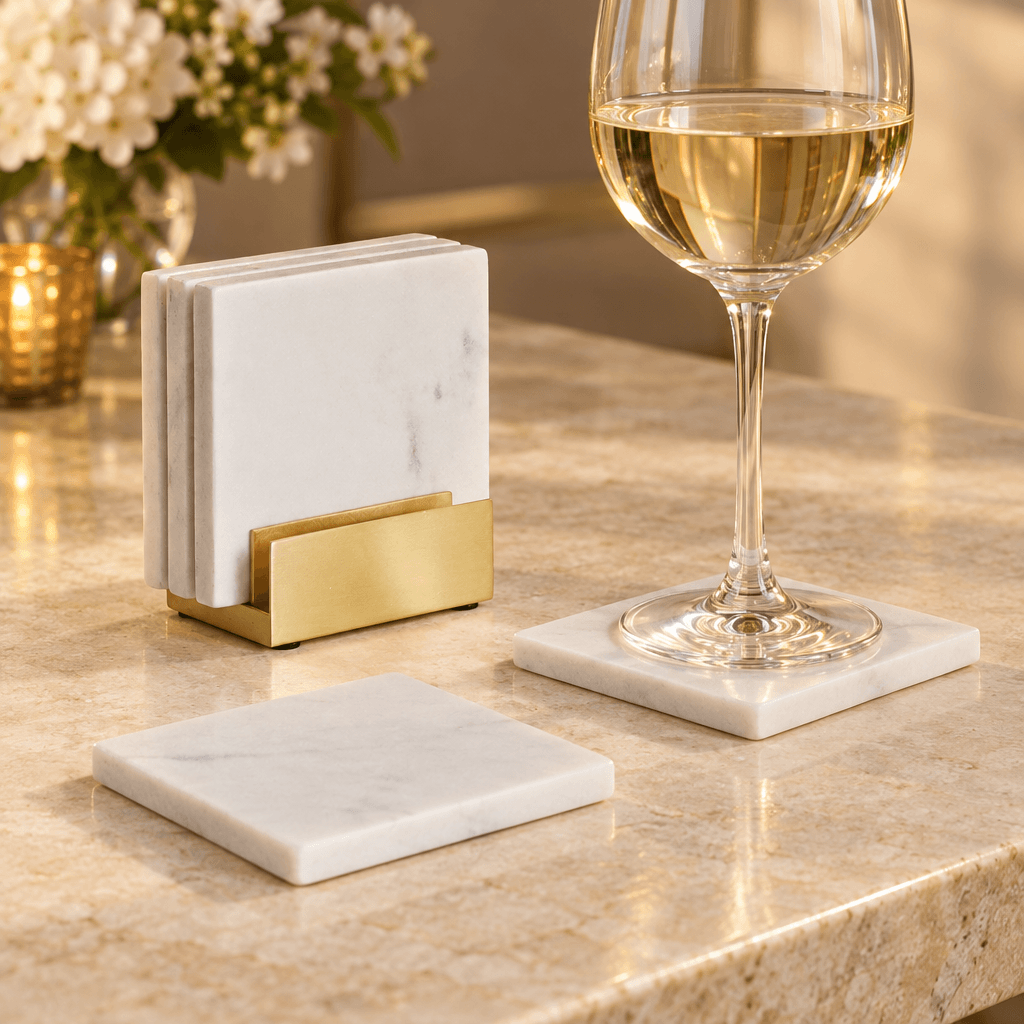 White marble coasters and gold metal holder styled with a stemmed glass on a pale stone console.