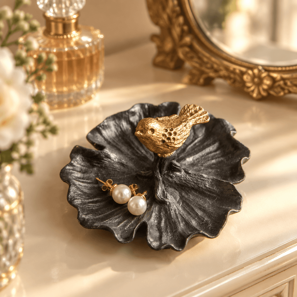 Pewter leaf-shaped jewelry tray with a gold bird and pearl earrings on a cream vanity.