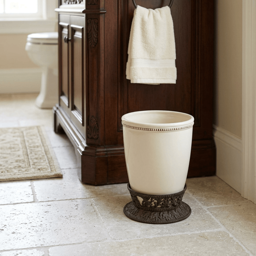 Bellavita cream ceramic wastebasket with dark metal base beside a wood bathroom vanity