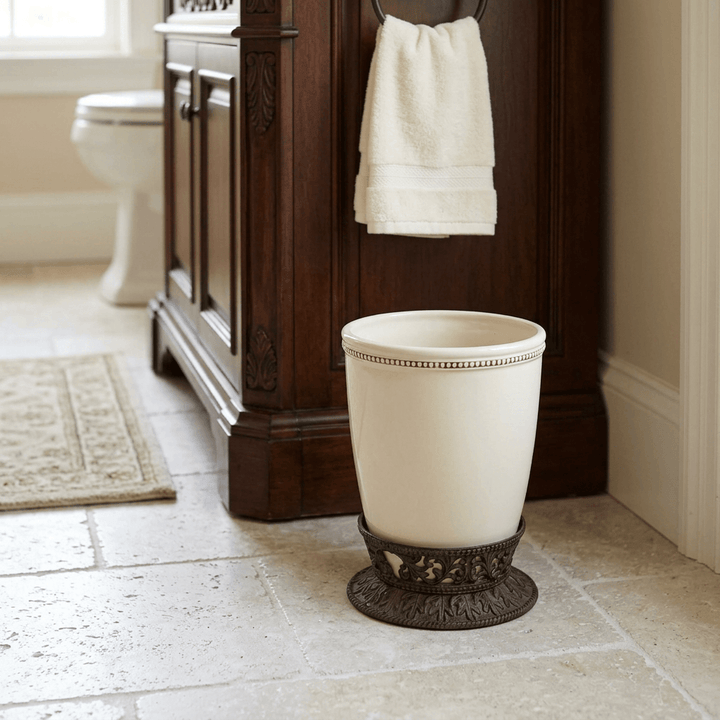Bellavita cream ceramic wastebasket with dark metal base beside a wood bathroom vanity