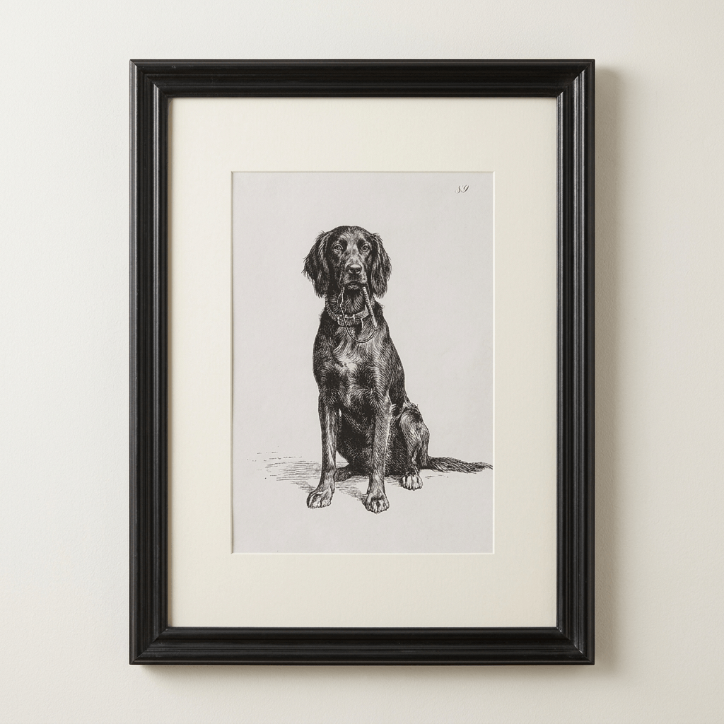 Black-framed dog portrait with a cream border against a warm off-white studio wall.