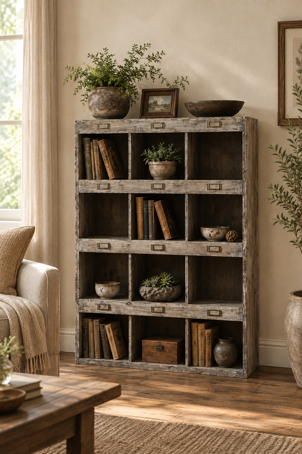 Rustic Recycled Pine Display Shelf styled with books and pottery in a farmhouse sitting room