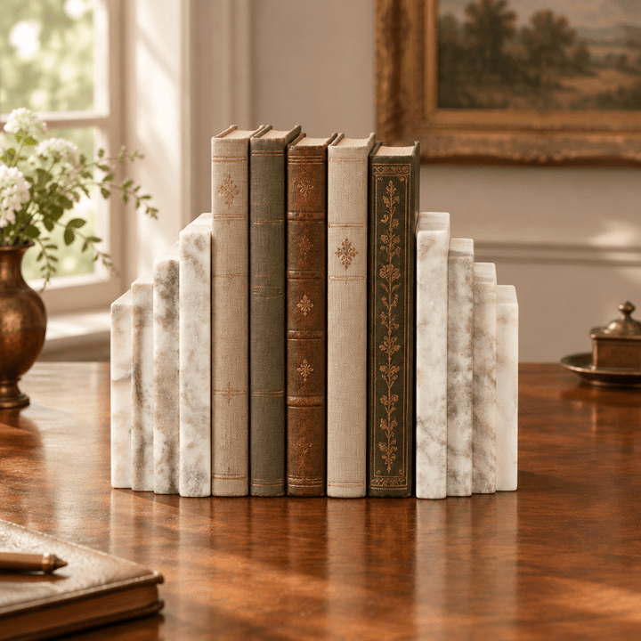 Stepped marble bookends holding a small row of books on a wooden writing desk.