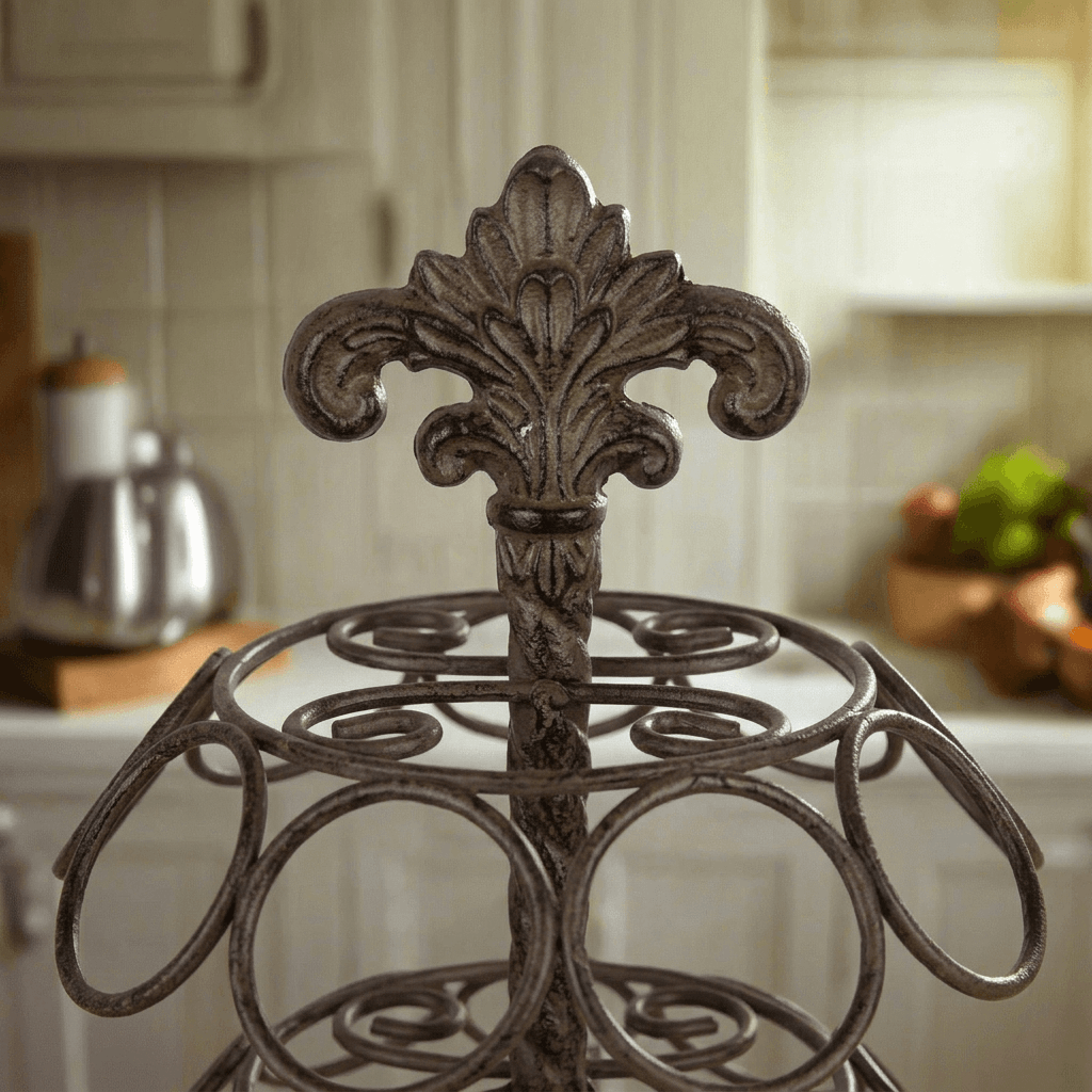 Close-up of the Bellavita Coffee Pod Carousel's ornate acanthus and fleur-de-lis crest in antique bronze cast metal