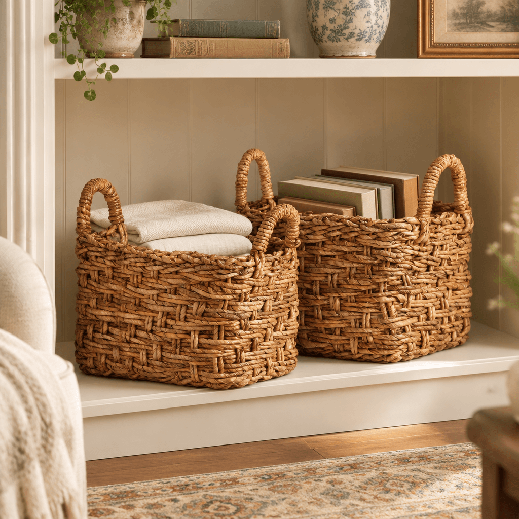 Natural banana leaf baskets with handles holding linens and books on a cream bookcase shelf