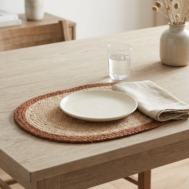 Oval jute placemat with a rust-brown border beneath an ivory plate on a pale wood dining table.