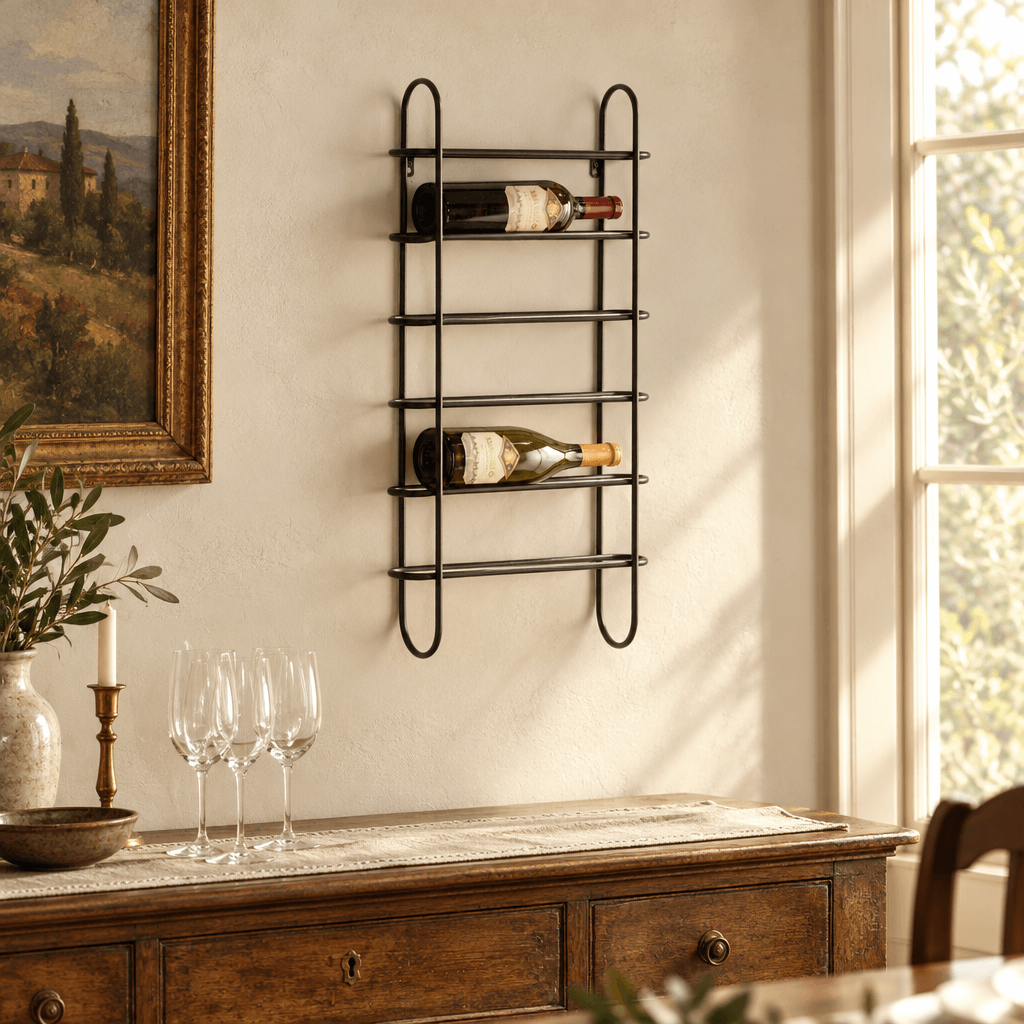 Black iron wall wine rack displayed above an oak sideboard in a softly lit dining room.