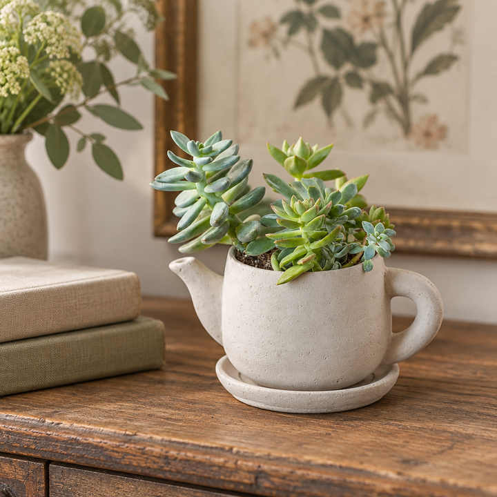 Cement teapot-shaped planter with succulents beside books on a rustic wooden console