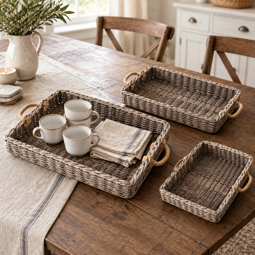 Willow serving tray set styled with ceramic cups and linen napkins on a dining table