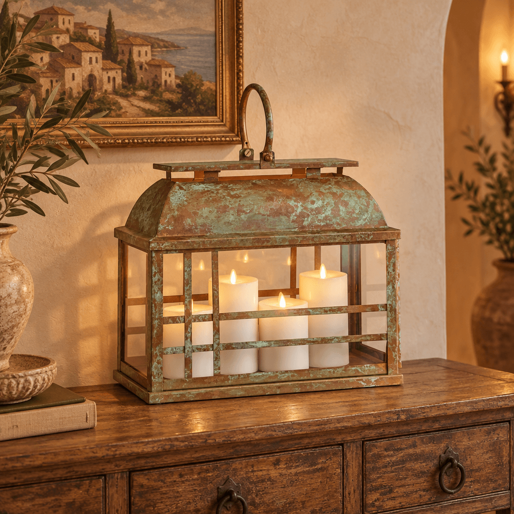 Weathered gold-and-green iron and glass lantern styled with white LED candles on an antique indoor console.