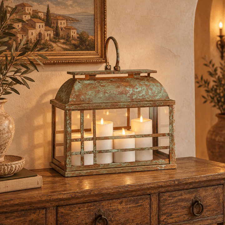 Weathered gold-and-green iron and glass lantern styled with white LED candles on an antique indoor console.
