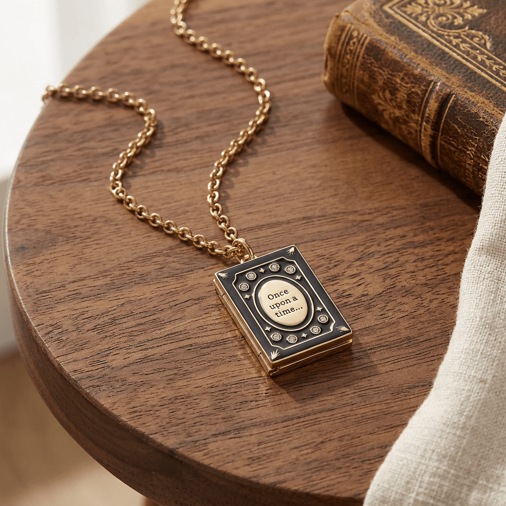 Black enamel and gold-tone book locket necklace arranged on walnut beside an antique book.