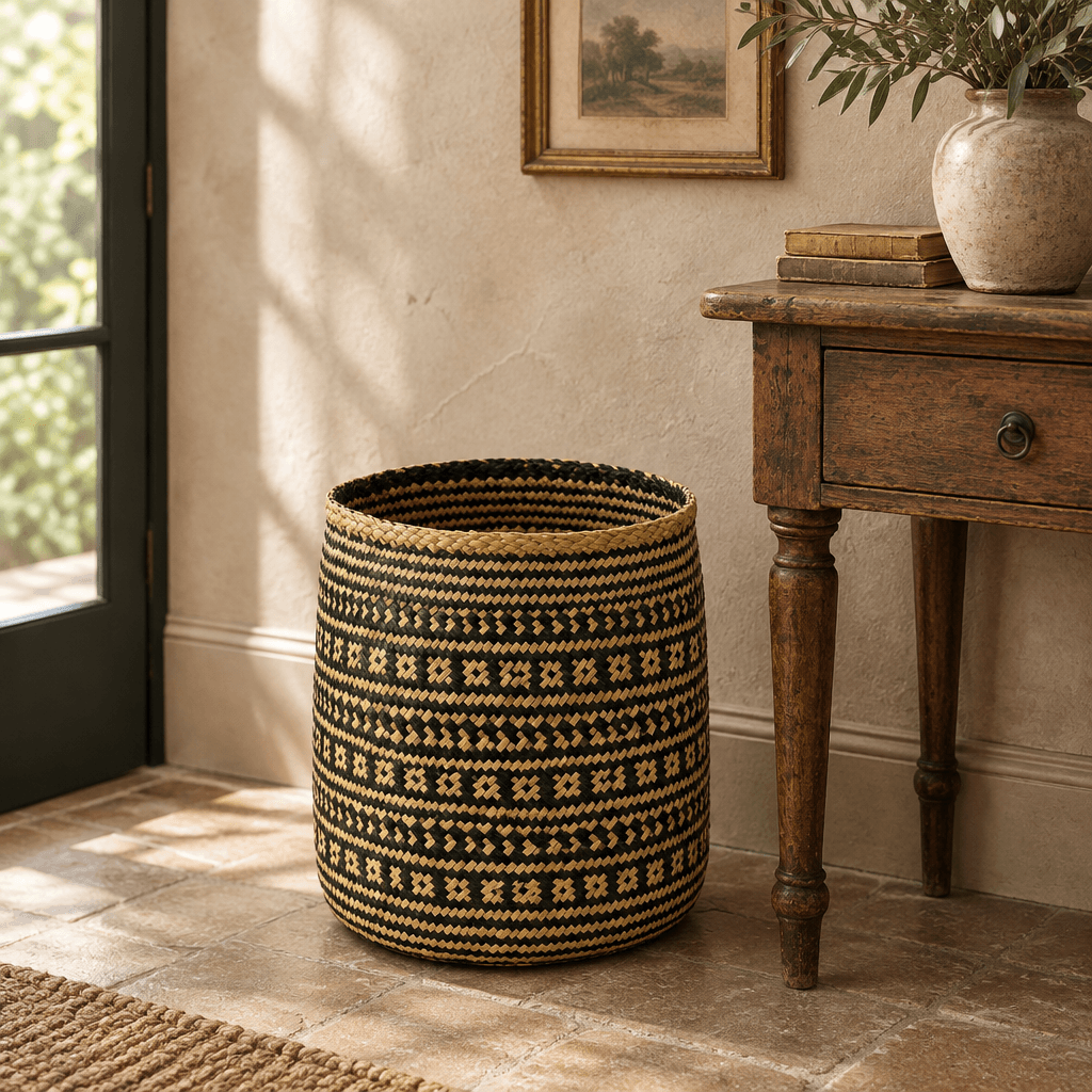 Black and natural woven seagrass basket beside an antique wood console in an entryway.