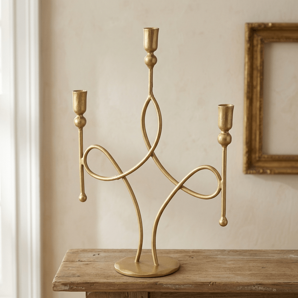 Three-arm antique gold scrollwork candelabra on a rustic wooden mantel in a softly lit traditional room.