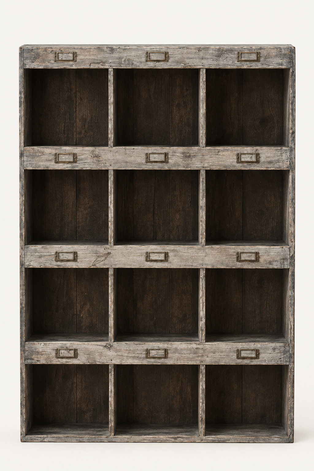 Rustic Recycled Pine Display Shelf with twelve empty compartments on an ivory background