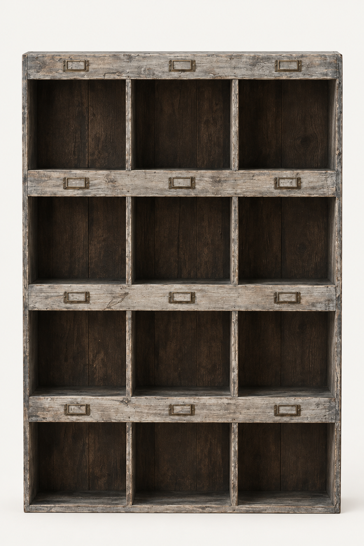 Rustic Recycled Pine Display Shelf with twelve empty compartments on an ivory background