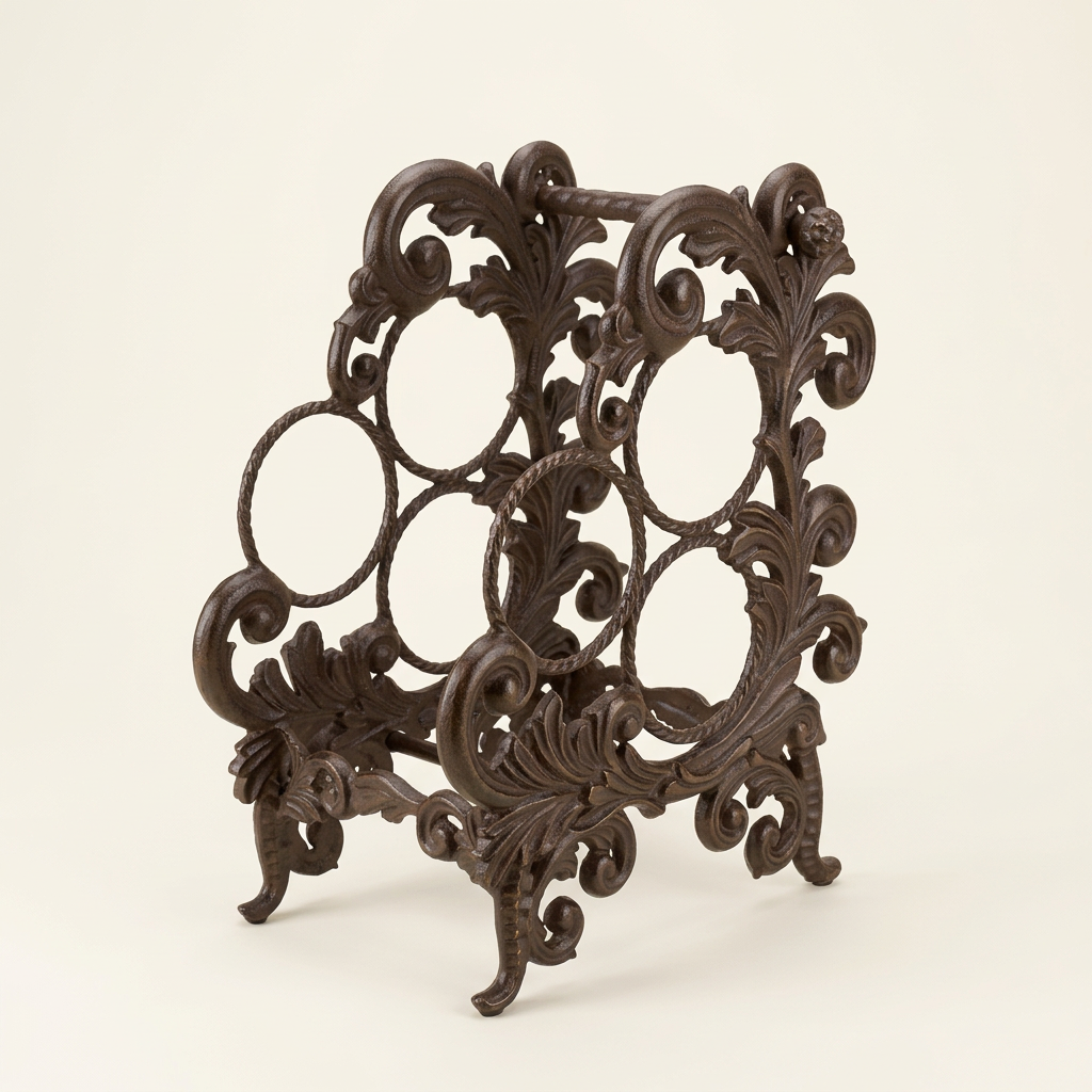 Bellavita Three-Bottle Wine Rack with dark acanthus scrollwork on an ivory studio background.