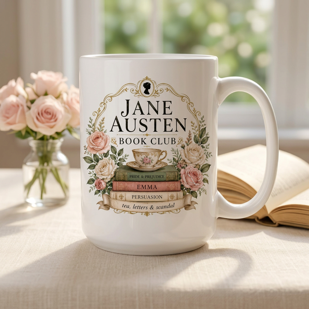 Jane Austen Book Club ceramic mug styled beside an open novel and pale pink roses.