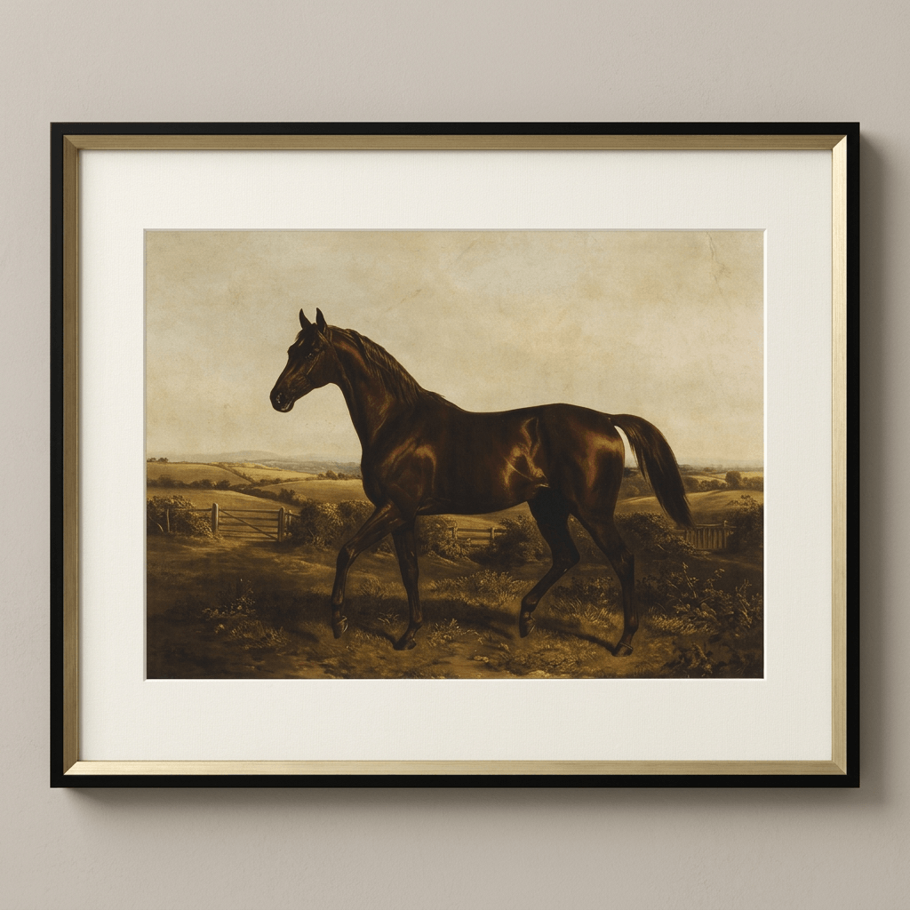 Dark thoroughbred horse print in a pastoral landscape with an ivory mat and black frame with a gold-toned inner edge.