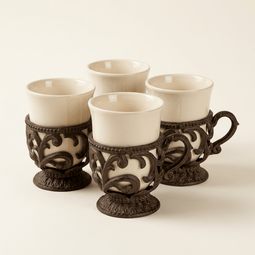 Four Bellavita cream ceramic coffee cups in ornate dark brown metal holders on a neutral studio background