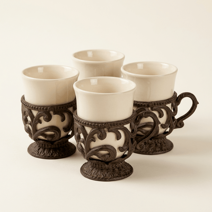 Four Bellavita cream ceramic coffee cups in ornate dark brown metal holders on a neutral studio background