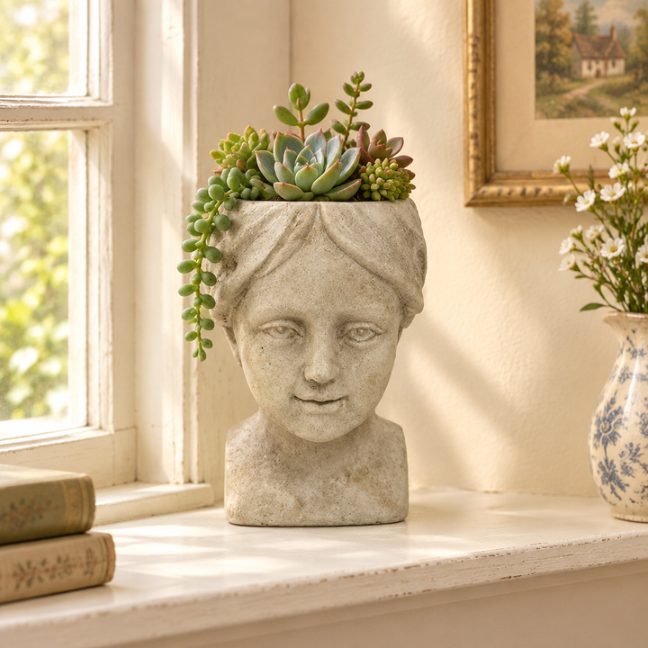 Cement Girl Head Planter styled with succulents on a cottage windowsill