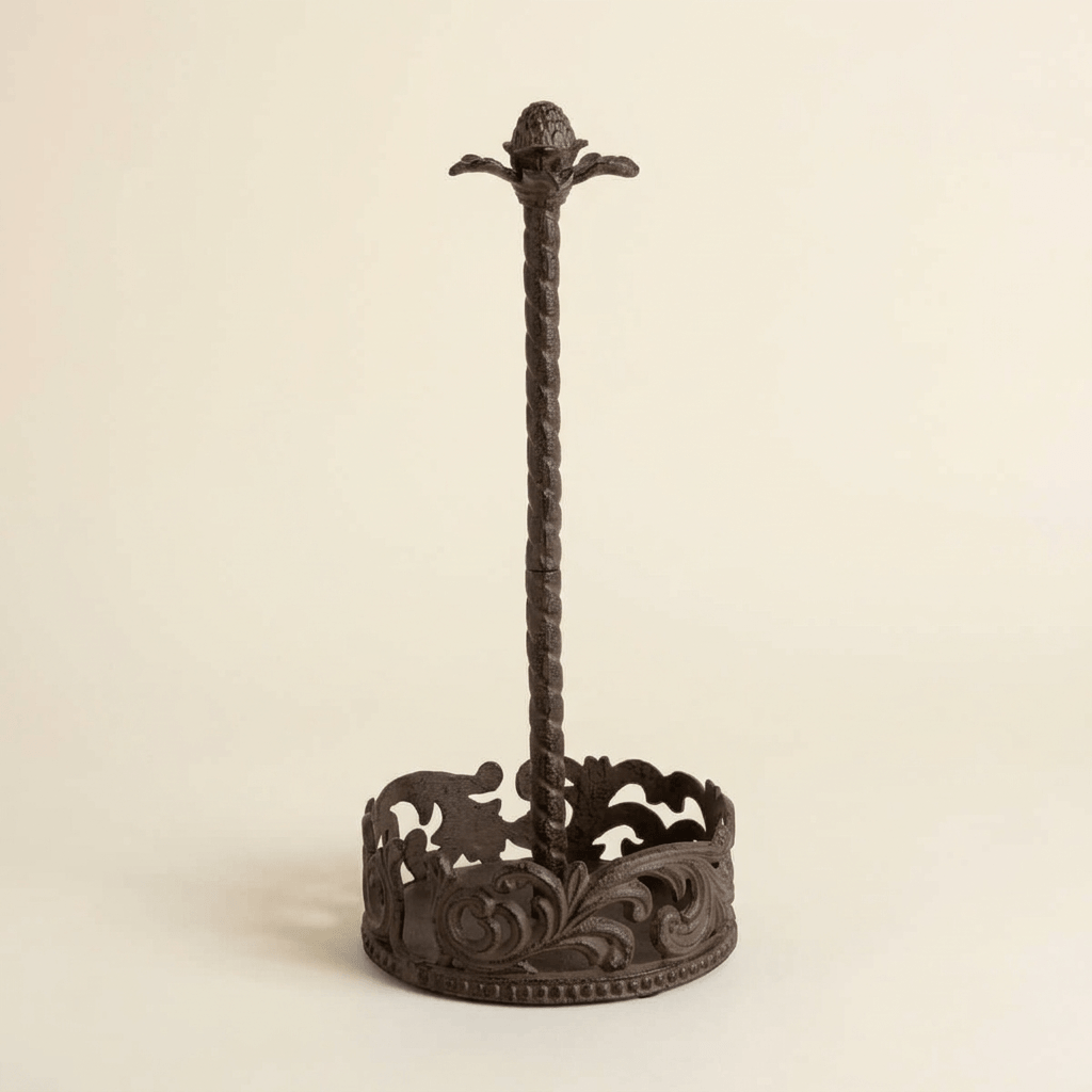 Bellavita Paper Towel Holder with dark brown acanthus metalwork on an ivory background.