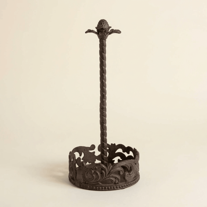Bellavita Paper Towel Holder with dark brown acanthus metalwork on an ivory background.
