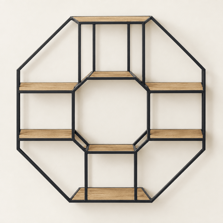 Octagonal iron and wood wall shelf against an ivory studio wall.