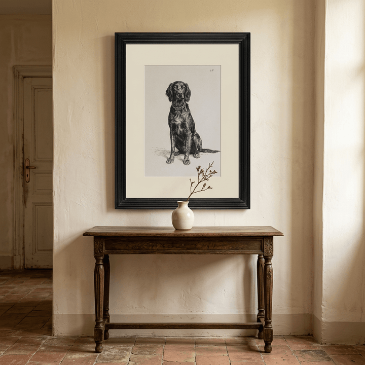 Faithful Companion Framed Dog Portrait styled above a wooden console in a traditional entryway.